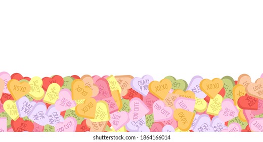 Vector seamless border with colorful sweethearts for valentine day holiday. Cute conversation hearts candy frame. 