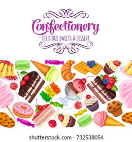 Vector seamless border with confectionery and sweets icons. Dessert, lollipop, ice cream with candies, macaron and pudding. Donut and cotton candy, muffin, waffles, biscuits and jelly.