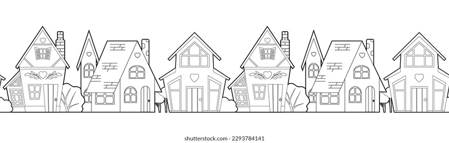 Borde transparente vectorial con un contorno de casas de campo sobre fondo blanco. Brillo monocromo horizontal de la vista frontal de las casas de contorno para el marco. Patrón arquitectónico de arte en línea