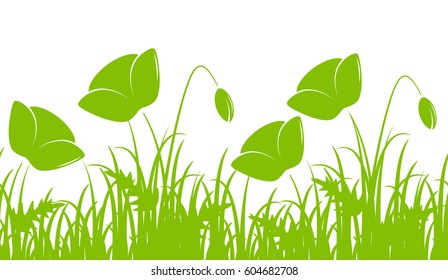 vector seamless border with corn poppies in grass isolated on white background