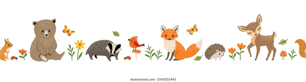 Vector seamless border of cute forest animals, butterflies, flowers and mushrooms. Set of woodland animal characters isolated on white background. 