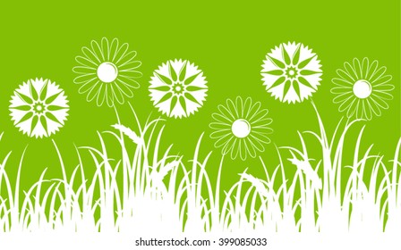 vector seamless border with daisies and cornflowers in grass isolated on green background
