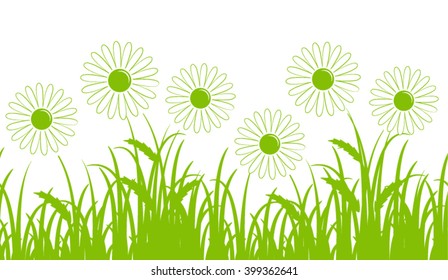 vector seamless border with daisies in grass isolated on white background