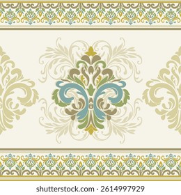 Vector seamless border damask pattern with floral baroque elements. Repetitive vintage design for wallpapers, fabric, textile, upholstery, curtains, slipcover, blinds, packaging, bedding.