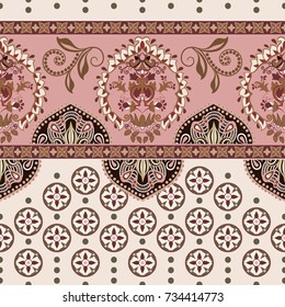 Vector seamless border with decorative ethnic elements. Moroccan style. Pink horizontal arabian pattern with decorative elements. Design for home decor, wrapping paper, fabric, carpet, cover