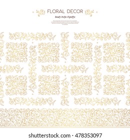 Vector seamless border for design template. Elements in Eastern style. Luxury floral frame. Golden ornate decor for invitations, greeting cards, thank you message. Traditional decor, place for text.