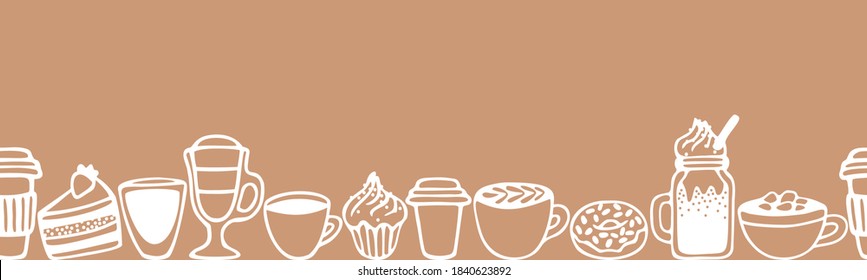 Vector seamless border with different coffee drinks and desserts. Cute hand drawn design.