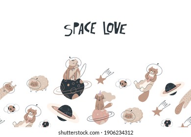 Vector seamless border with different funny space cats in pastel colors. Astronaut animals with planets and stars background.