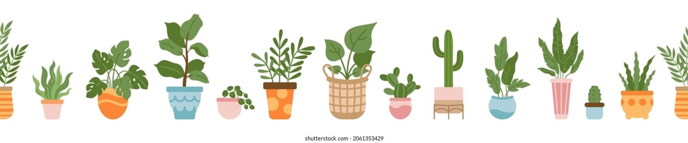 Vector seamless border with different house plants in cute pots. Cartoon style illustration with plants in pots for any design ideas.