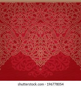 Vector seamless border in east style. Ornate element for design and place for text. Ornamental lace pattern for wedding invitations and greeting cards. Traditional decor on red background.