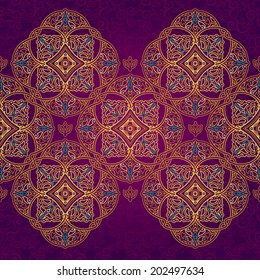 Vector seamless border in Eastern style. Ornate element for design and place for text. Ornamental lace pattern for wedding invitations and greeting cards.Traditional golden decor on purple background.