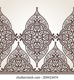 Vector seamless border in Eastern style. Ornate element for design and place for text. Ornamental contrast pattern for wedding invitations and greeting cards. Traditional monochrome decor.