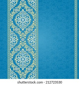 Vector seamless border in Eastern style. Ornate element for design and place for text. Ornamental lace pattern for wedding invitations and greeting cards.Traditional light decor on blue background.