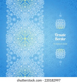 Vector seamless border in Eastern style. Ornate element for New Year's design. Ornamental lace pattern for wedding invitations and greeting cards. Elegant winter lacy decor.