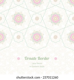 Vector seamless border in Eastern style. Vintage element for design. Ornamental floral pattern, pastel tracery for wedding invitations, greeting cards. Traditional delicate decor, filigree background.