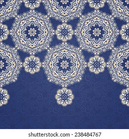 Vector seamless border in Eastern style. Vintage element for design. Ornamental floral pattern, light tracery for wedding invitations, greeting cards. Traditional delicate decor, filigree background.