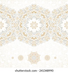 Vector seamless border in Eastern style. Vintage element for design. Ornamental floral pattern, pastel tracery for wedding invitations, greeting cards. Traditional delicate decor, filigree background.