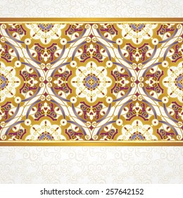 Vector seamless border in Eastern style. Ornate element for design, place for text. Ornamental lace pattern for wedding invitations and greeting cards.Traditional colorful decor on light background.