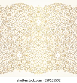 Vector seamless border in Eastern style. Ornate line art element for design. Place for text. Ornament for wedding invitations, birthday and greeting cards. Floral golden oriental decor.