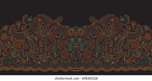 Vector seamless border in ethnic style.Exotic flying birds, colorful contour thin line drawing with folk ornaments on a black background.Embroidery silhouette, wallpaper, textile print, wrapping paper