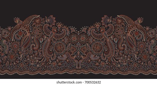 Vector seamless border in ethnic style.Exotic flying birds, colorful contour thin line drawing with folk ornaments on a black background.Embroidery silhouette, wallpaper, textile print, wrapping paper