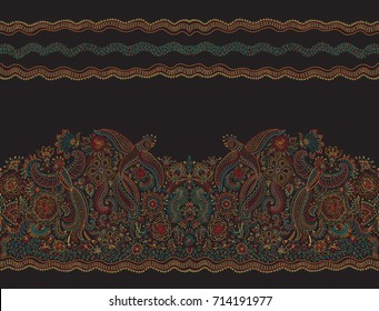 Vector seamless border in ethnic style.Exotic flying birds, colorful contour thin line drawing with folk ornaments on a black background.Embroidery silhouette, wallpaper, textile print, wrapping paper