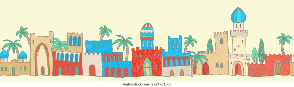 Vector Seamless border of fairy tale oriental medieval town on a beige background