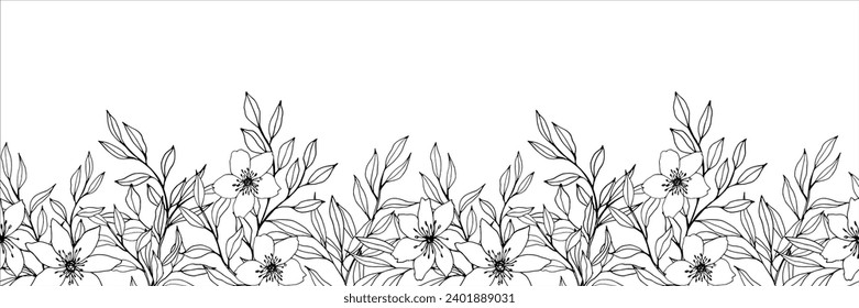 vector seamless border with flower, leaves and branch. Elegant frame for decoration. ink monochrome botanical illustration for backgrounds. template for wedding cards, polygraphy, logo, web sites