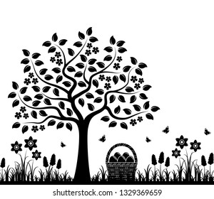 vector seamless border with flowering tree, spring flowers and eggs in basket isolated on white background