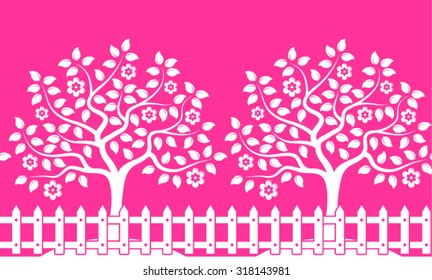 vector seamless border with flowering trees behind picket fence isolated on pink background