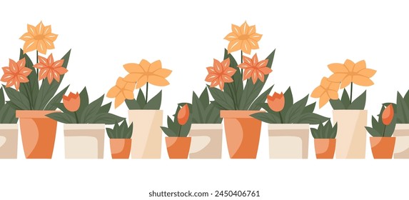 Vector seamless border with flowers and leaves in various pots isolated from background. Hobby garden. Horizontal frieze with flat illustration of lilies in vases for frames, brushes. 