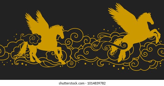 Vector seamless border with flying horses and clouds