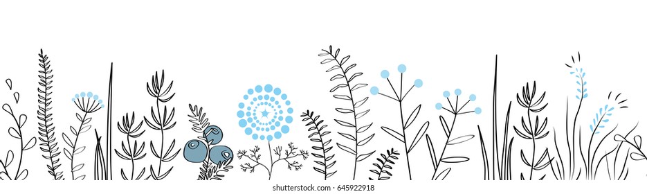 Vector Seamless Border With Forest And Meadow Plants. Hand Drawn Doodle Background For Frames, Decorative Scotch Tape, Posters, Kids Illustrations.