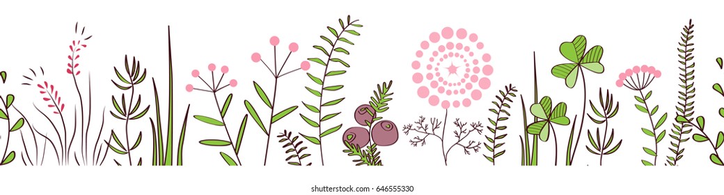 Vector seamless border with forest and meadow plants. Background for frames, decorative scotch tape, posters, kids illustrations.