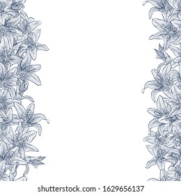 Vector seamless border frame with lilies for design template. Decor for invitations, greeting cards, certificate, thank you message. Floral seamless pattern isolated on white background