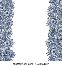 Vector seamless border frame with sunflowers for design template. Decor for invitations, greeting cards, certificate, thank you message. Floral seamless pattern isolated on white background