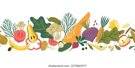 Vector seamless border with  fruits and vegetables. Healthy food. Isolated element design