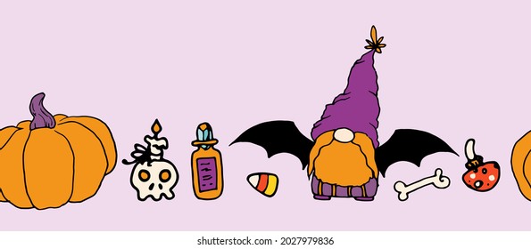 Vector seamless border of a gnome with bat wings, a pumpkin in purple and orange colors for Halloween. horizontal stripe cartoon potion, skull, bones, fly agaric for a festive mystical design template