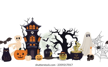 Vector seamless border of Halloween figurines. Happy Halloween. A large set of hand-drawn horror drawings. On a transparent background.