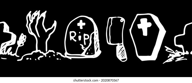 Vector seamless border for Halloween. horizontal strip of doodle-style elements zombie hand, coffin, grave, cross, cleaver, gravestone isolated white outline on a black background for a design templat