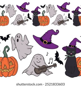 Vector seamless border with Halloween symbols - carved pumpkin jack o lantern, flying bats and ghost, black cat in witch hat. Hand drawn vector sketch illustration in doodle engraved vintage line art