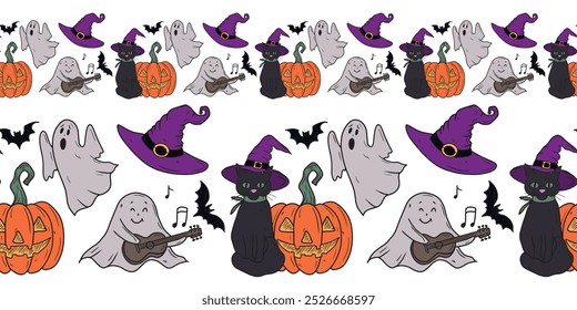 Vector seamless border with Halloween symbols - carved pumpkin jack o lantern, flying bats and ghost, black cat in witch hat. Hand drawn vector sketch illustration in doodle engraved vintage line art