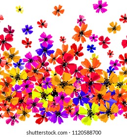 Vector seamless border with hand drawing flowers, multicolor bright artistic botanical illustration, isolated floral elements, hand drawn repeatable illustration.