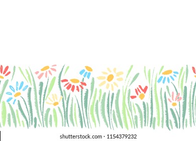 Vector seamless border with hand drawing daisies and grass, colorful artistic botanical illustration, isolated floral elements, hand drawn repeatable illustration