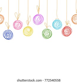 Vector seamless border from hand drawing sketch Christmas tree balls. Illustration of Christmas greeting invitation border from Christmas balls