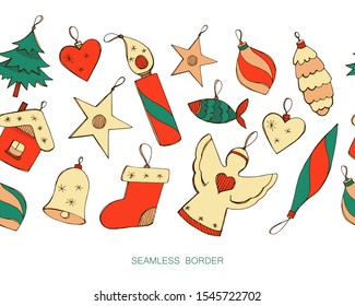 Vector seamless border with hand drawn Christmas decorations isolated on white. Positive endless horizontal brush in red and green colors. Seamless garland in doodle style for new year design