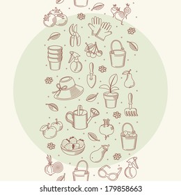 Vector seamless border of hand drawn garden tools, vegetables and fruits. Vector illustration. Element for design.  It can be used for decorating of cards, decoration for bags and clothes.