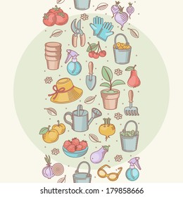 Vector seamless border of hand drawn garden tools, vegetables and fruits. Vector illustration. Element for design.  It can be used for decorating of cards, decoration for bags and clothes.