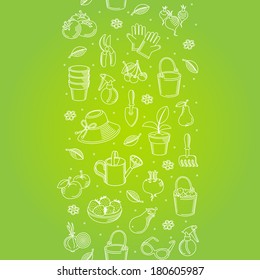 Vector seamless border of hand drawn garden tools, vegetables and fruits. Vector illustration. Element for design.  It can be used for decorating of cards, decoration for bags and clothes.