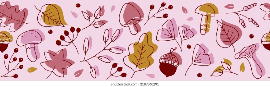 Vector seamless border of hand drawn leaves, mushrooms, twigs, berries and acorns. Repeating endless ornament with doodle decorative plants. Trendy background pattern of autumn botanical doodles